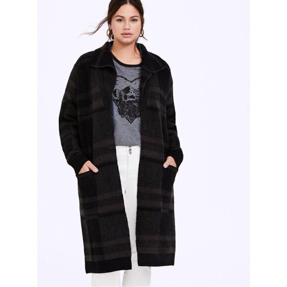 TORRID Grey Plaid Longline Cardigan Coat Size Medium 10 - Picture 1 of 6